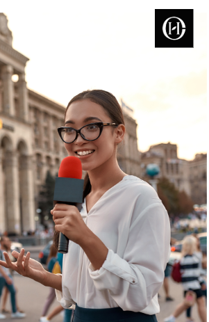 Young woman with glasses holding a microphone, smiling in an outdoor urban setting.